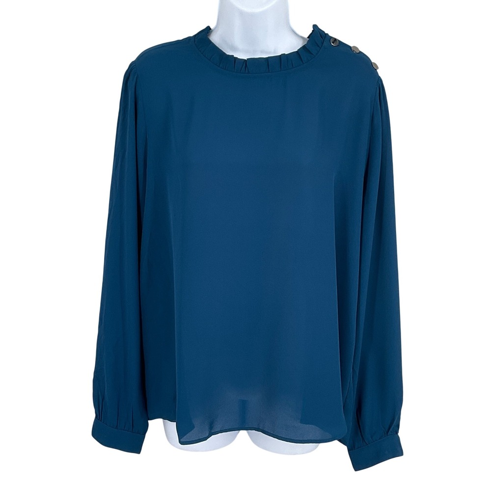 Loft Blouse Women XL Teal Blue Ruffle Neck Button Shoulder Airy Career Cocktail